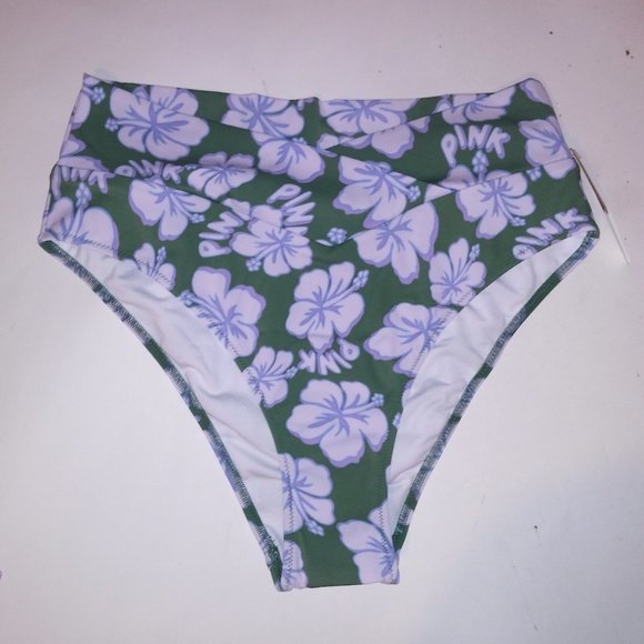 Victoria Secret PINK Swim Bikini Bottom‎ Medium Green White Blue Hibiscus Floral - Picture 1 of 7